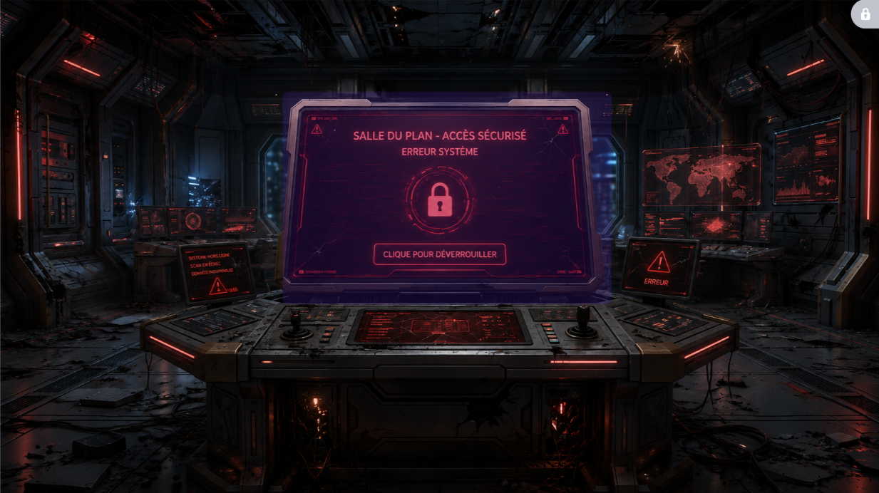 Salle de contrôle futuriste avec un écran verrouillé, décor de l’escape game sur les nombres relatifs