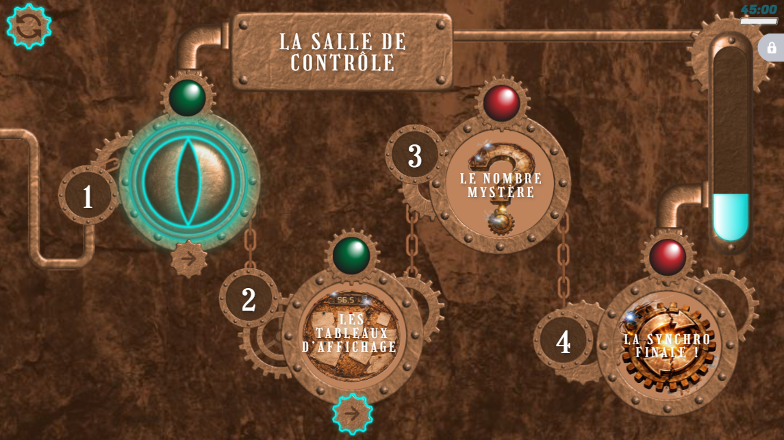 Salle de contrôle avec des engrenages et quatre étapes, décor de l’escape game sur la proportionnalité